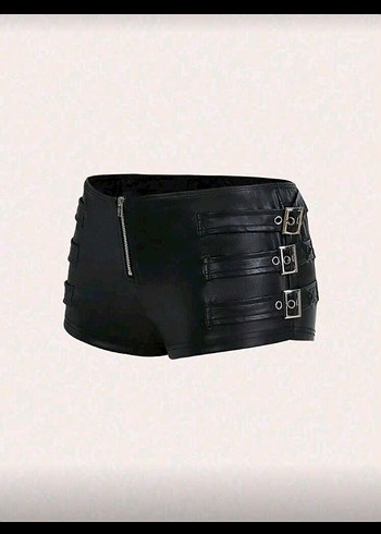 Kemerli Siyah Deri Mini Şort - Görsel 2