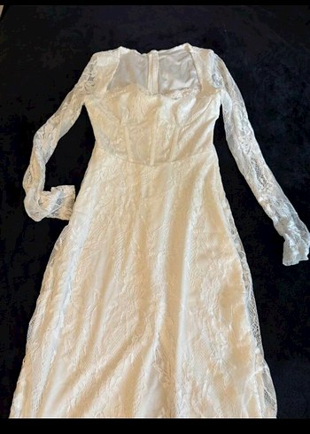 Dantel Detaylı Uzun Kollu Beyaz Nişan,Söz Nikah Elbisesi - Görsel 2