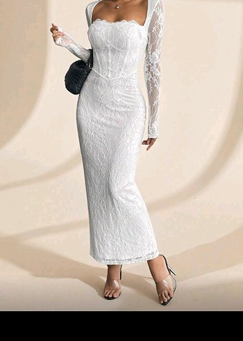 Dantel Detaylı Uzun Kollu Beyaz Nişan,Söz Nikah Elbisesi - Görsel 4