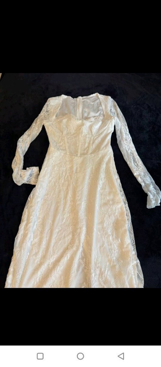 Dantel Detaylı Uzun Kollu Beyaz Nişan,Söz Nikah Elbisesi - Görsel 2