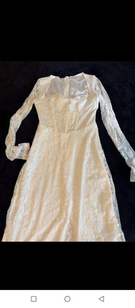 Dantel Detaylı Uzun Kollu Beyaz Nişan,Söz Nikah Elbisesi - Görsel 3