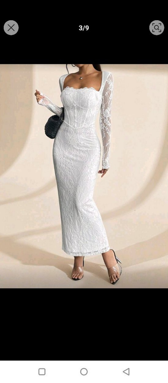 Dantel Detaylı Uzun Kollu Beyaz Nişan,Söz Nikah Elbisesi - Görsel 4