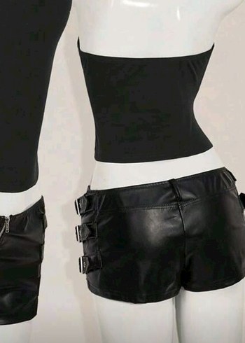 Kadın Siyah Deri Kemerli Mini Şort - Görsel 2