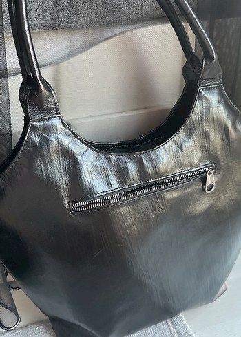 Siyah Hakiki Deri Fermuarlı Biker Kadın Çanta - Görsel 2