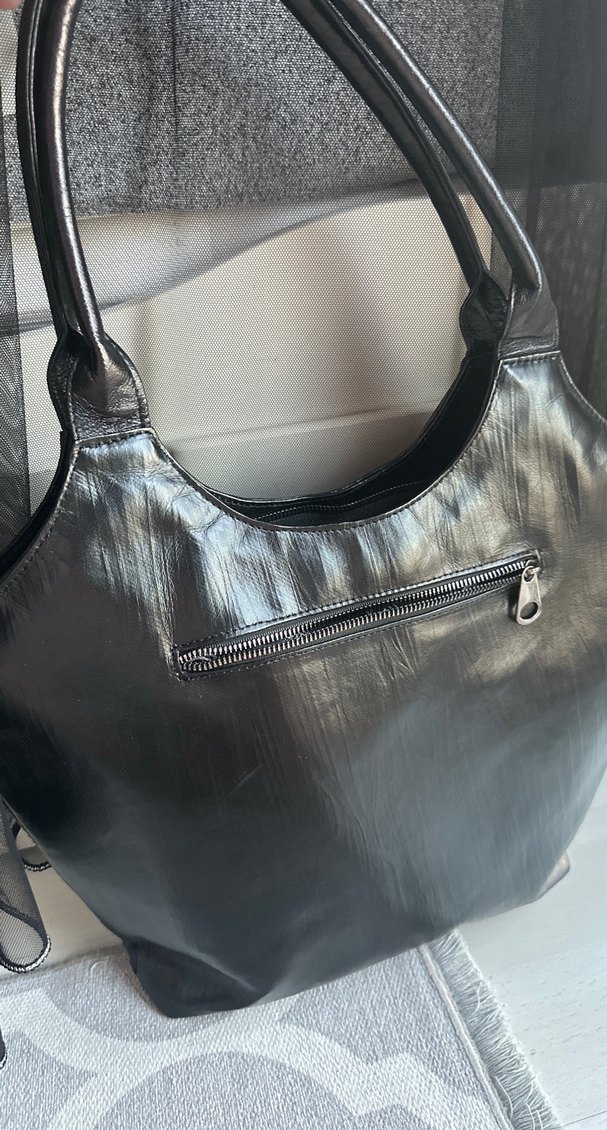 Siyah Hakiki Deri Fermuarlı Biker Kadın Çanta - Görsel 2