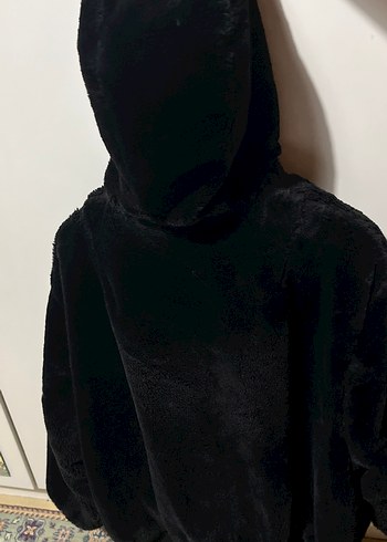 l Beden siyah Renk Siyah Kadın Kapüşonlu Peluş Mont çift taraflı