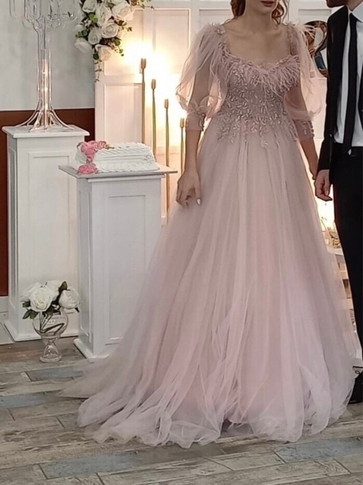 Pembe Nakışlı Uzun Kollu Nişan Elbisesi - Görsel 4