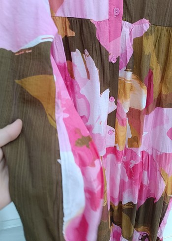 Pembe Bohem Uzun Kol Bağlama Desenli Elbise - Görsel 3