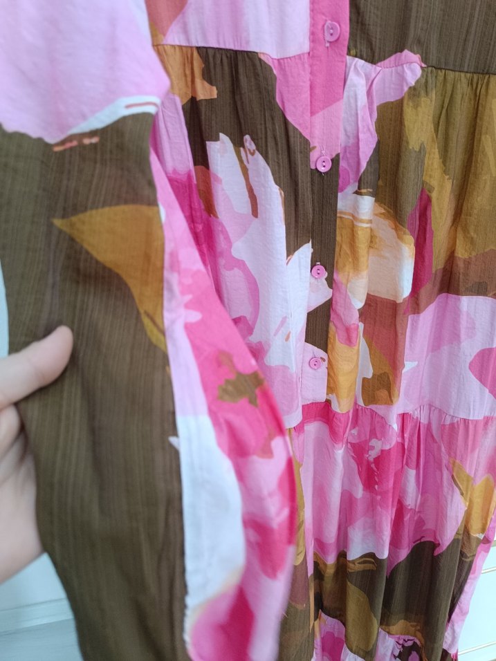 Pembe Bohem Uzun Kol Bağlama Desenli Elbise - Görsel 3