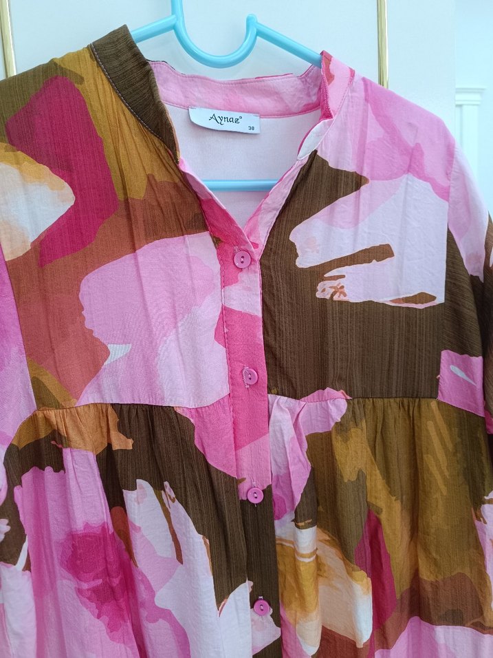 Pembe Bohem Uzun Kol Bağlama Desenli Elbise - Görsel 4