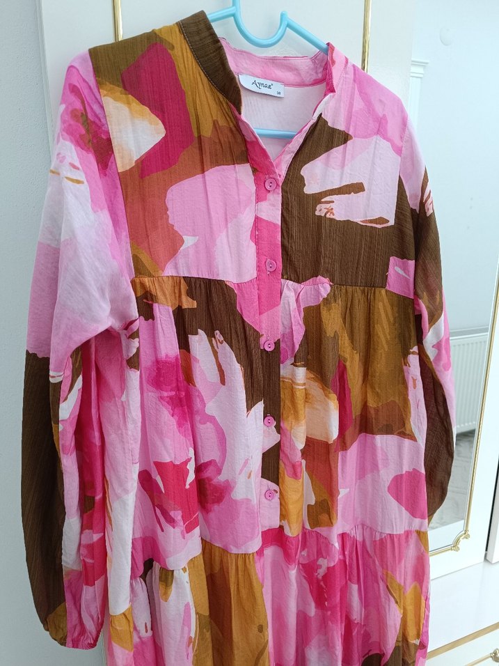 Pembe Bohem Uzun Kol Bağlama Desenli Elbise - Görsel 2