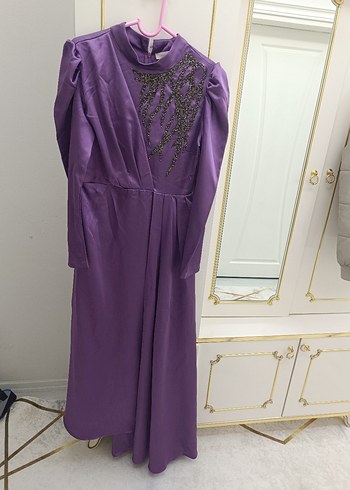 Mor Uzun Kollu Nakışlı Abiye Elbise - Görsel 4