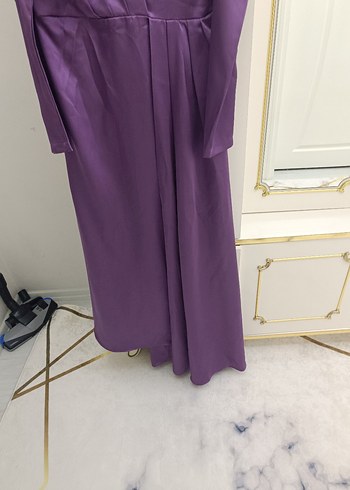 Mor Uzun Kollu Nakışlı Abiye Elbise - Görsel 2