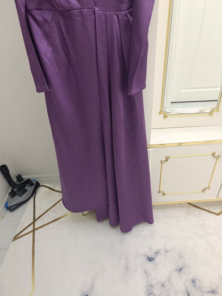 Mor Uzun Kollu Nakışlı Abiye Elbise - Görsel 2