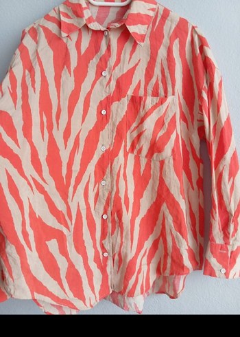 Kırmızı Zebra Desenli Keten Gömlek - Görsel 3