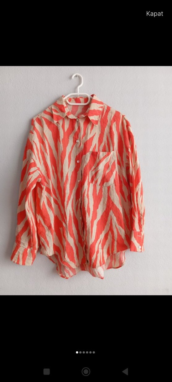 Kırmızı Zebra Desenli Keten Gömlek - Görsel 4