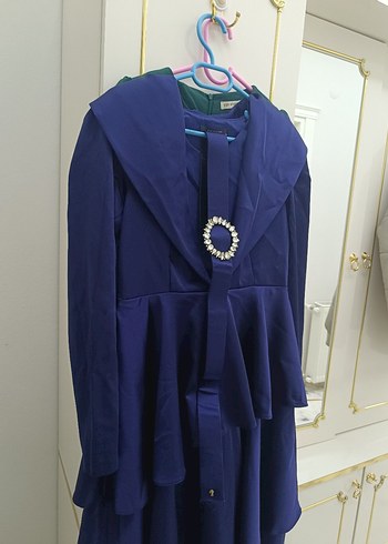 Koyu Mavi Uzun Kollu Kadın Abiye Elbise - Görsel 2