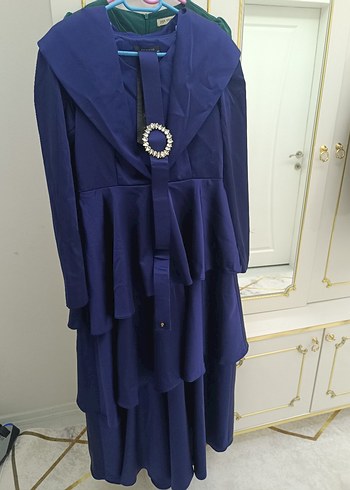 Koyu Mavi Uzun Kollu Kadın Abiye Elbise - Görsel 3