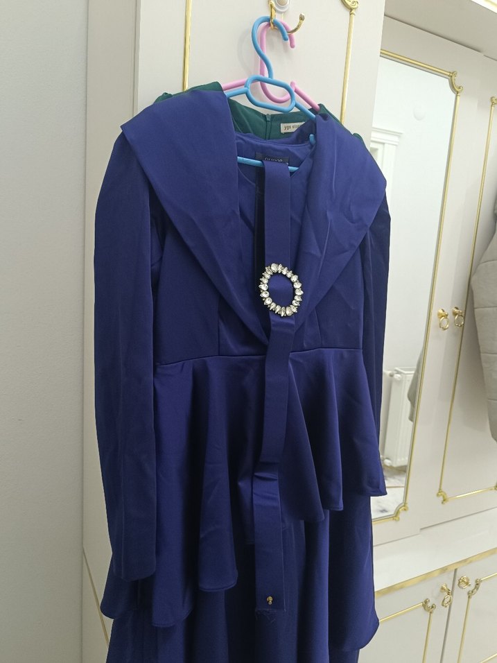 Koyu Mavi Uzun Kollu Kadın Abiye Elbise - Görsel 2