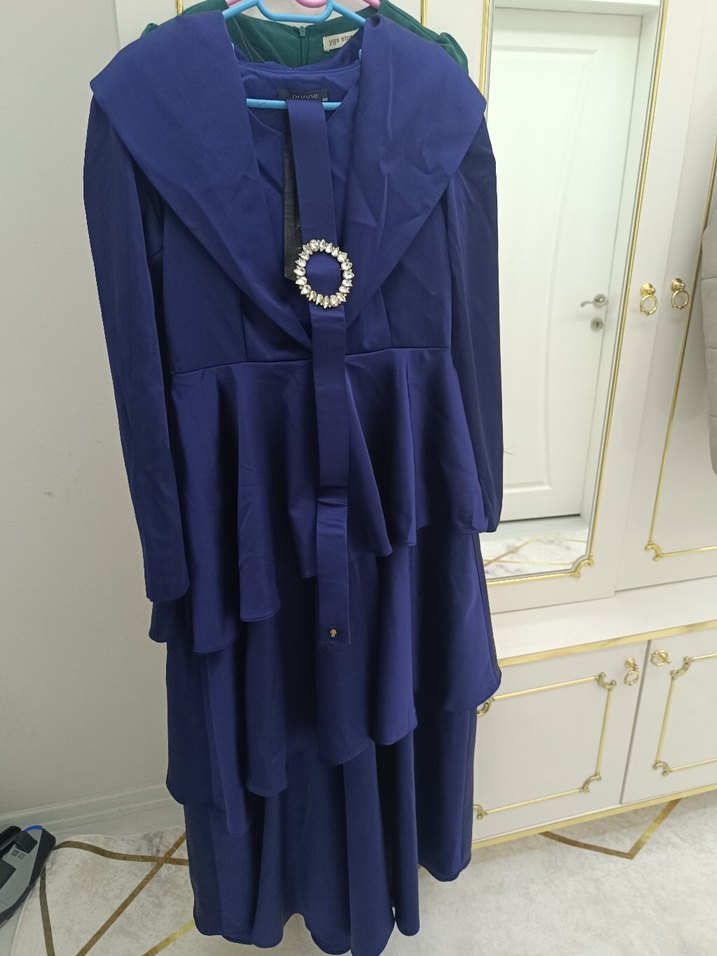 Koyu Mavi Uzun Kollu Kadın Abiye Elbise - Görsel 3