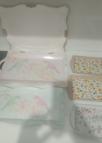 Beyaz Bohem Pastel Desenli Tepsi Seti