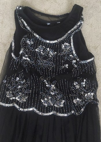 Boncuk İşlemeli Siyah Uzun Straplez Elbise - Görsel 3