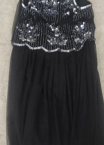 Boncuk İşlemeli Siyah Uzun Straplez Elbise - Görsel 2