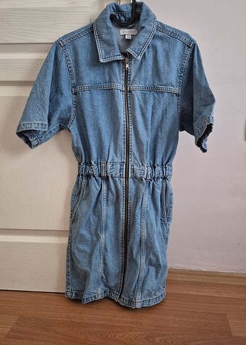 kısa kollu fermuarlı kot elbise