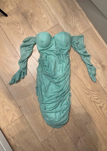 Su yesili simli buzgulu elbise - Görsel 2