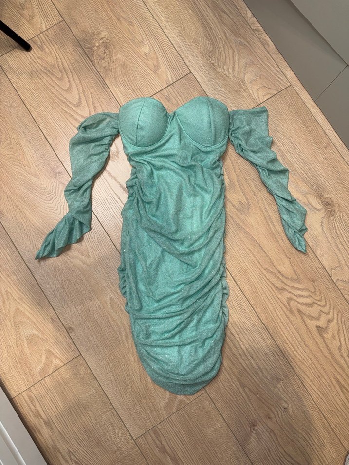 Su yesili simli buzgulu elbise - Görsel 2