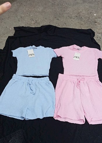 Zara Pembe Keten Rahat Kesim Kız Şort Takımı