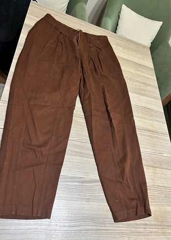 Kadın Kahverengi Keten Pilili Bol Pantolon