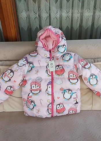 5 Yaş Beden Kapüşonlu Pembe penguen Baskılı Kız Çocuk Mont