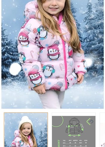 Kapüşonlu Pembe penguen Baskılı Kız Çocuk Mont