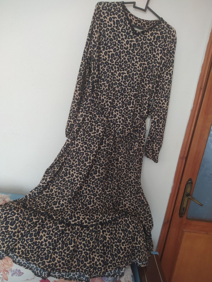 Kahverengi Leopar Desenli Uzun Bohem Elbise - Görsel 2