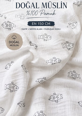Diğer Balik Desenli 100 Pamuklu Dogal Muslin Bebek Bezi