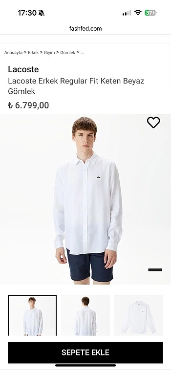 Orjinal Beyaz Lacoste Erkek Keten Gömlek XL Slim fit