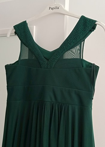 Koyu Yeşil V Yaka Uzun Abiye Elbise - Görsel 6