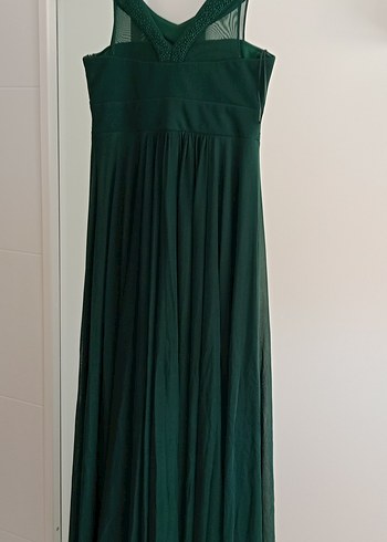 Koyu Yeşil V Yaka Uzun Abiye Elbise - Görsel 5