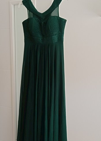 Koyu Yeşil V Yaka Uzun Abiye Elbise - Görsel 2