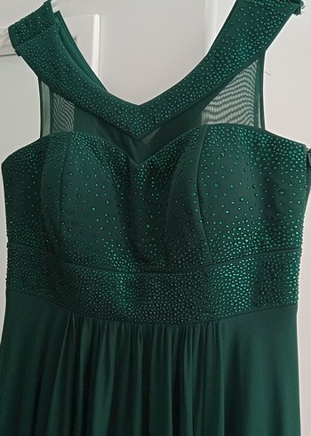 Koyu Yeşil V Yaka Uzun Abiye Elbise - Görsel 4