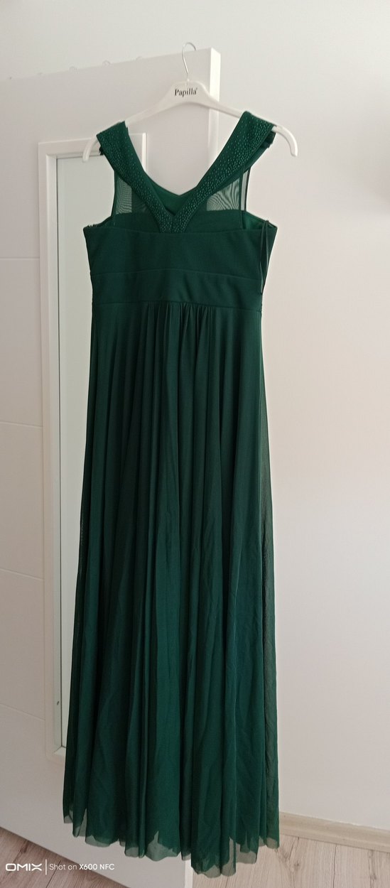 Koyu Yeşil V Yaka Uzun Abiye Elbise - Görsel 5