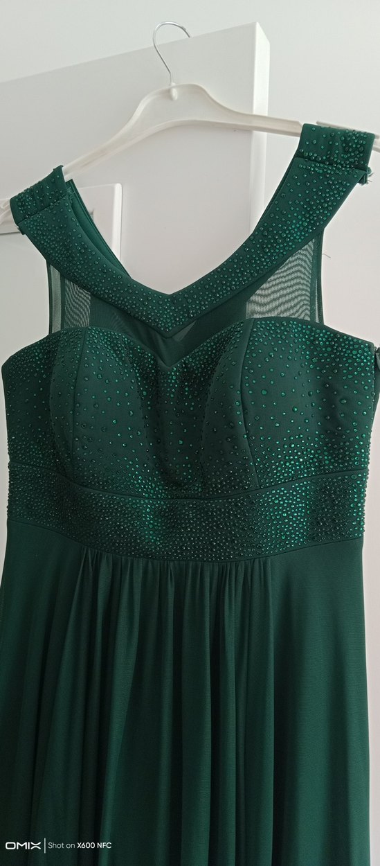 Koyu Yeşil V Yaka Uzun Abiye Elbise - Görsel 4