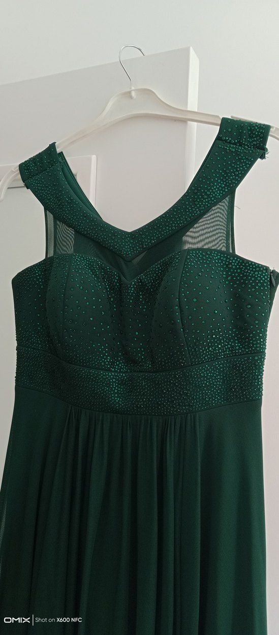 Koyu Yeşil V Yaka Uzun Abiye Elbise - Görsel 3