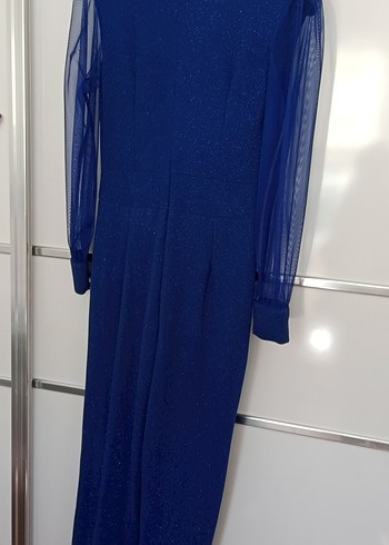 Mavi Uzun Kollu Drapeli Kadın Tulum - Görsel 3