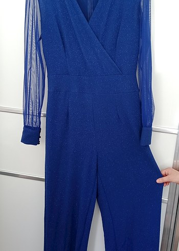 Mavi Uzun Kollu Drapeli Kadın Tulum - Görsel 2