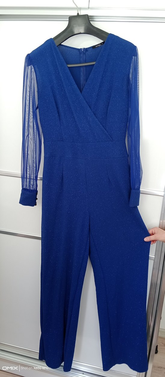 Mavi Uzun Kollu Drapeli Kadın Tulum - Görsel 2