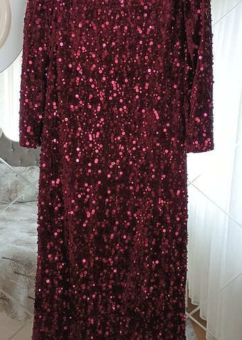 Bordo Uzun Kollu Parlak Kadın Abiye Elbise - Görsel 2