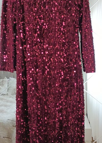 Bordo Uzun Kollu Parlak Kadın Abiye Elbise - Görsel 5