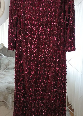 Bordo Uzun Kollu Parlak Kadın Abiye Elbise - Görsel 4